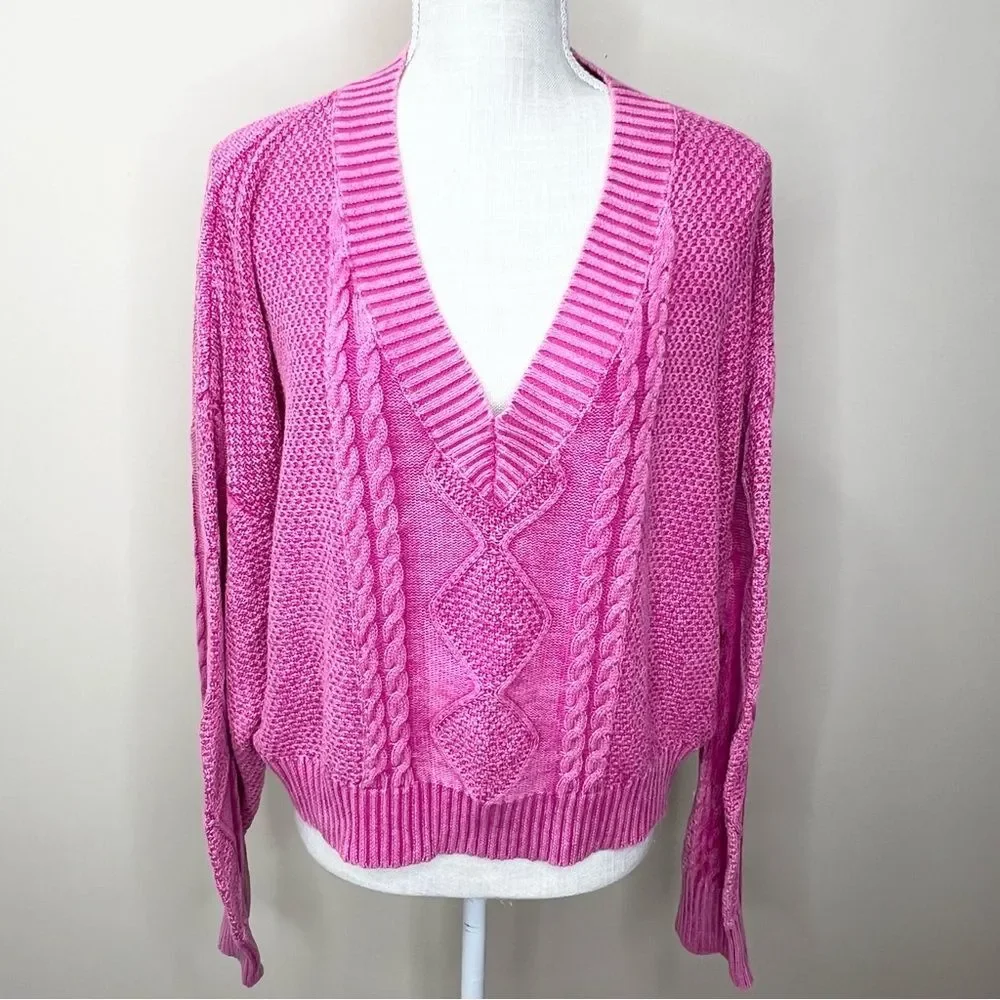 POL Mineral Washed Pink Cable Knit Relaxed Fit Sweater Medium